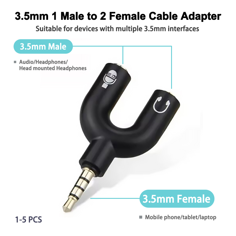 Earphone Splitter Jack - 3,5 mm Kopfhörer-Splitter-Mikrofon-Adapter, U-förmiger Stereo-3,5 mm1-2